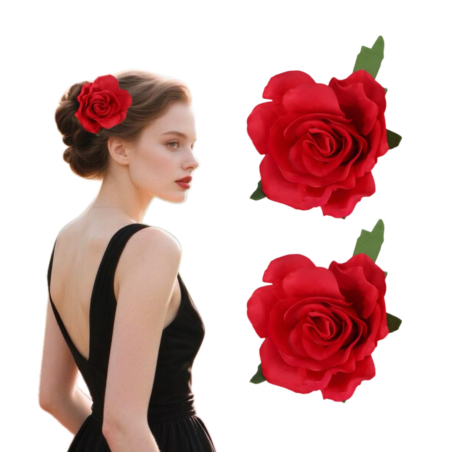 Photo 1 of 2 Pack Red Rose Hair Clips with Leaves Rose Fabric Pin Brooch Mexican Flowers for Hair Cute Handmade Floral Accessories for Hawaii Wedding Decoration