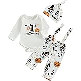 Newborn Baby Boy Halloween Outfit Long Sleeve Pumpkin Romper Ghost Suspender Pants Hat Cute Fall Clothes 3Pcs