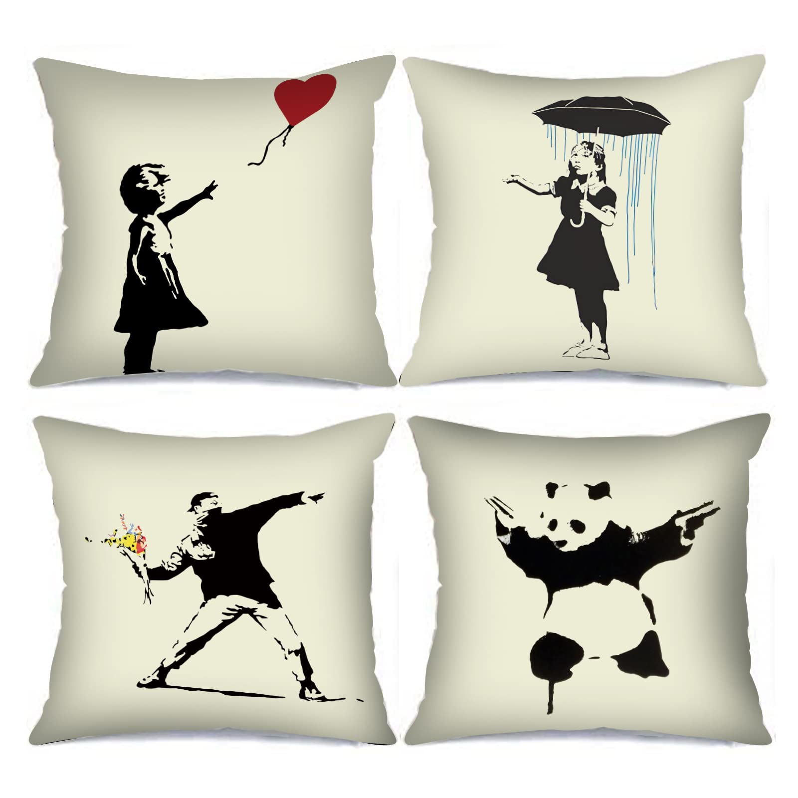 Tucocoo Banksy Art Cushion Covers Decorative 18 x 18 Inch (46 x 46 cm) Set of 4 Black and White Graffiti Street Pop Cushion Cover Outdoor Decorations Throw Pillows for Couch Sofa Bed Car Home Decor — image 1