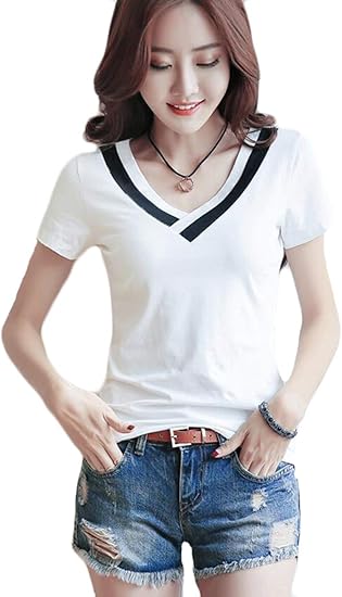 Amazon Ppeiree ｔシャツ レディースファッション 夏服 半袖 カットソー ｖネック ｔシャツシンプル トップス カジュアル 上着 インナー 綿 通気 学生ｔシャツ ショート丈 可愛い Tシャツ カットソー 通販