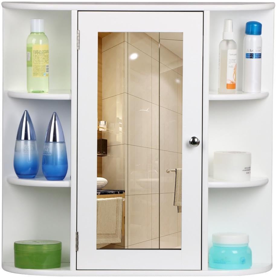 Popamazing White Gloss Wall Mounted Bathroom Mirror Cabinet Storage with Shelves Mirrored Door Wooden Indoor