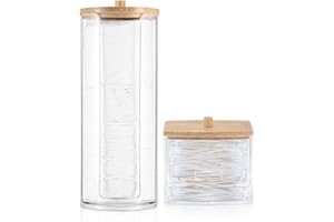 Fulushouxi 2 Pcs Cotton Pad Holder, Bathroom Makeup Organizers Containers for Cotton Ball/Cotton Swab/Cotton Round Pads/Floss/Hair Ties Canister Vanity Storage Jars Dispenser Holder wuth Bamboo Lid