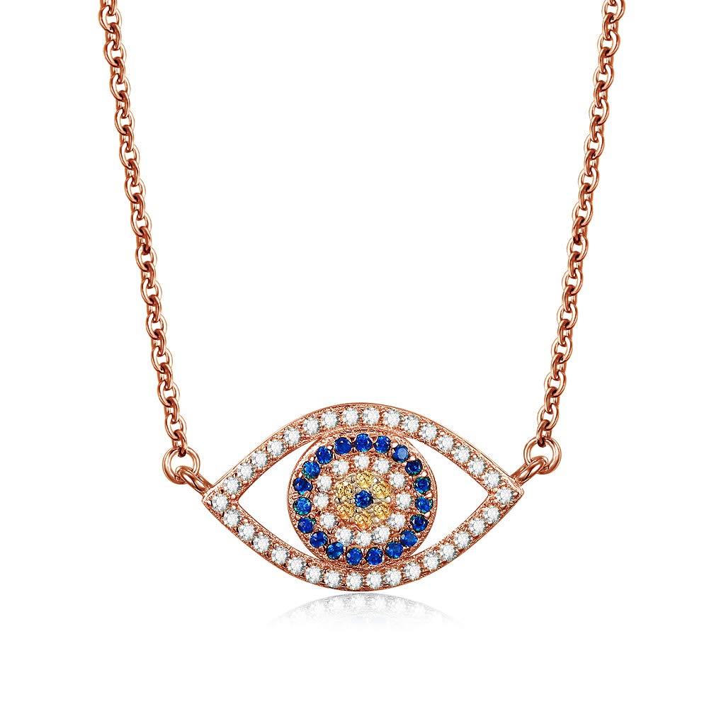 TONGZHEBlue Evil Eye Pendant Necklace Sterling Silver 925 in Rose Gold Adjustable Cable Chain 16"/17"/18"