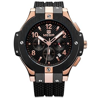 MEGIR Luxus Herren Uhren Big Bang Chronograph mit Schwarz Silikon-Armband Wasserdicht XL Uhr für Männer