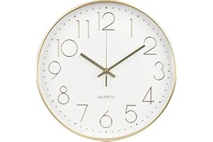 bakbrand Wall Clock 12 Inch Non-Ticking Silent Modern Simple Style Round Decor Clock Gold Stereoscopic Dial Quartz Wall Clocks for Home/Office/School/Living Room/Bedroom/Kitchen