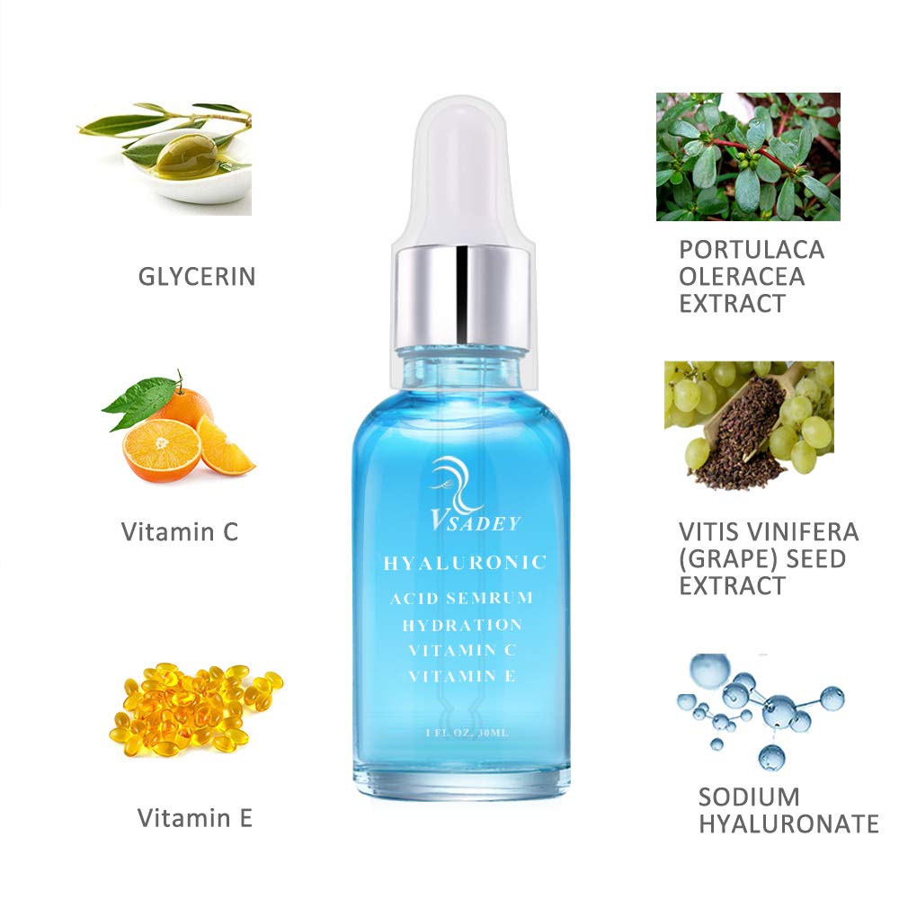 VSADEY Hyaluronic Acid Serum High Moisturizing Serum for Face Neck, Anti Aging Anti Wrinkle Serum, Vitamin C Serum Day Night Serum for Women Men, 30ml