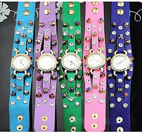 Optional Gold Rhinestone Dail Color Diamonds PU Leather Band Women Bangle Watch - Green