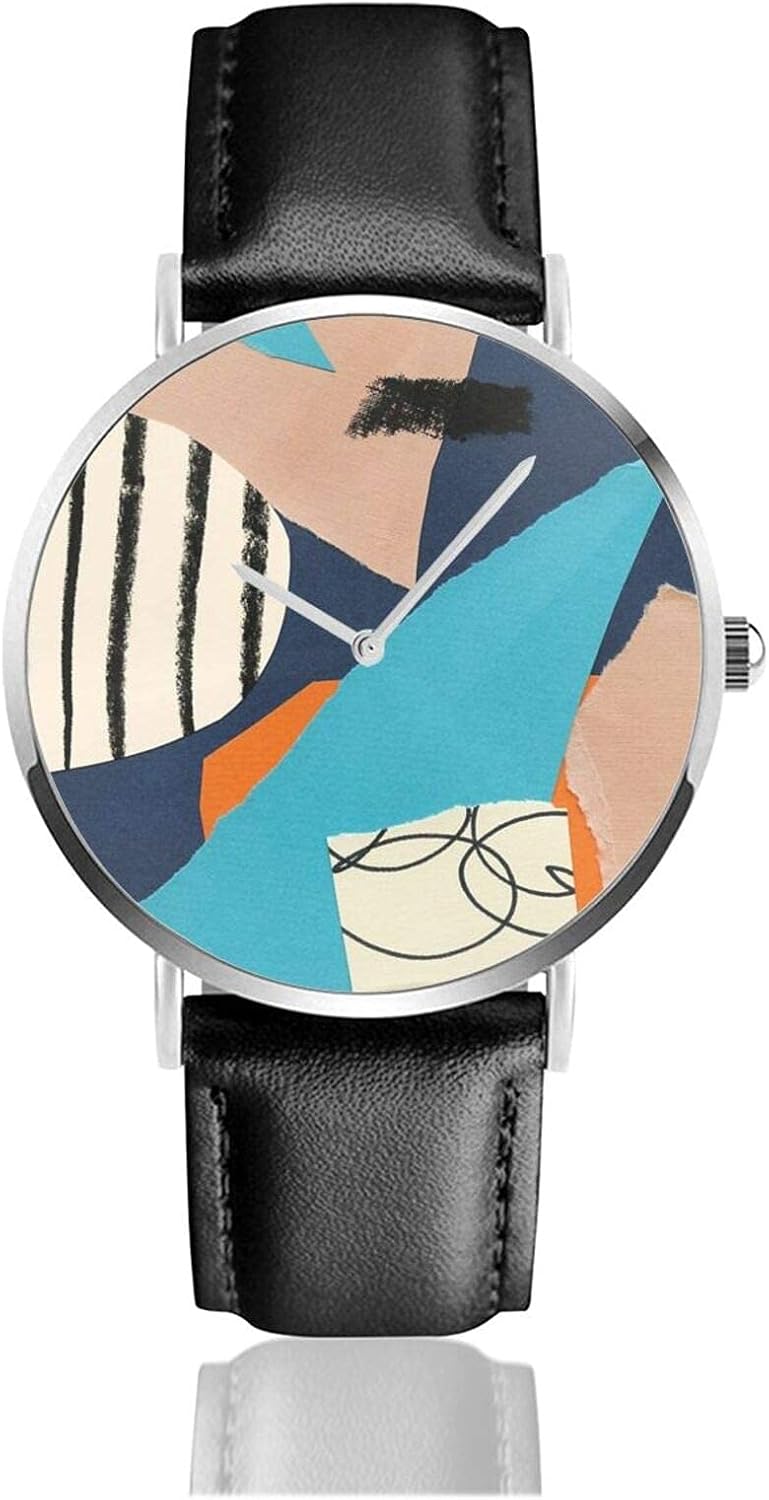 Abstract Collage Watch Quartz Movement Waterproof Leather Watch Strap