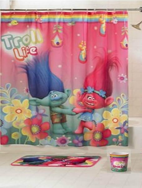Trolls Kids Bathroom Set Shower Curtain Foam Bath Rug Wastebasket Amazon Co Uk Kitchen Home