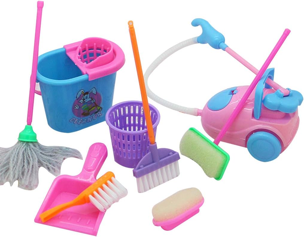 Daindy 9pcs/Set Mini Pretend Play Mop Broom Toys Cute Kids Cleaning Furniture Tools Kit House Clean Toys Perfect for Dolls House