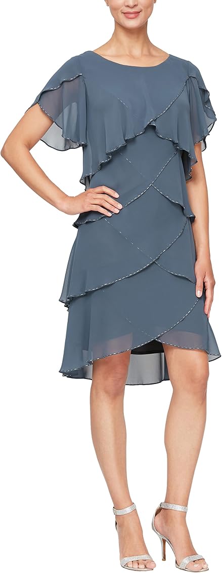 S.L. Fashions Women's Short Sleeve Solid Tulip Tiered Chiffon Dress (Missy  and Petite), Steel, 6 at Amazon Women's Clothing store
