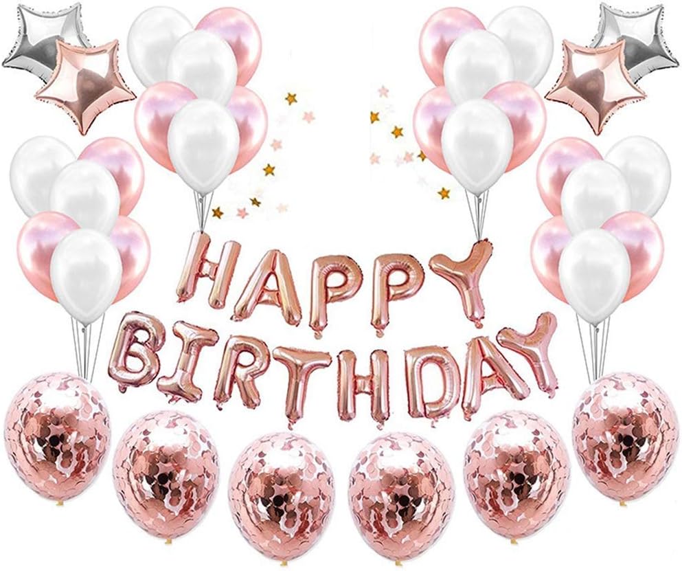 36 Piece Set Rose Gold Party Decorations Set -Rose Gold/White Balloons- Rose Gold Happy Birthday Balloon Banner with Premium Rose Gold Meter Long Coil (Rose Gold)