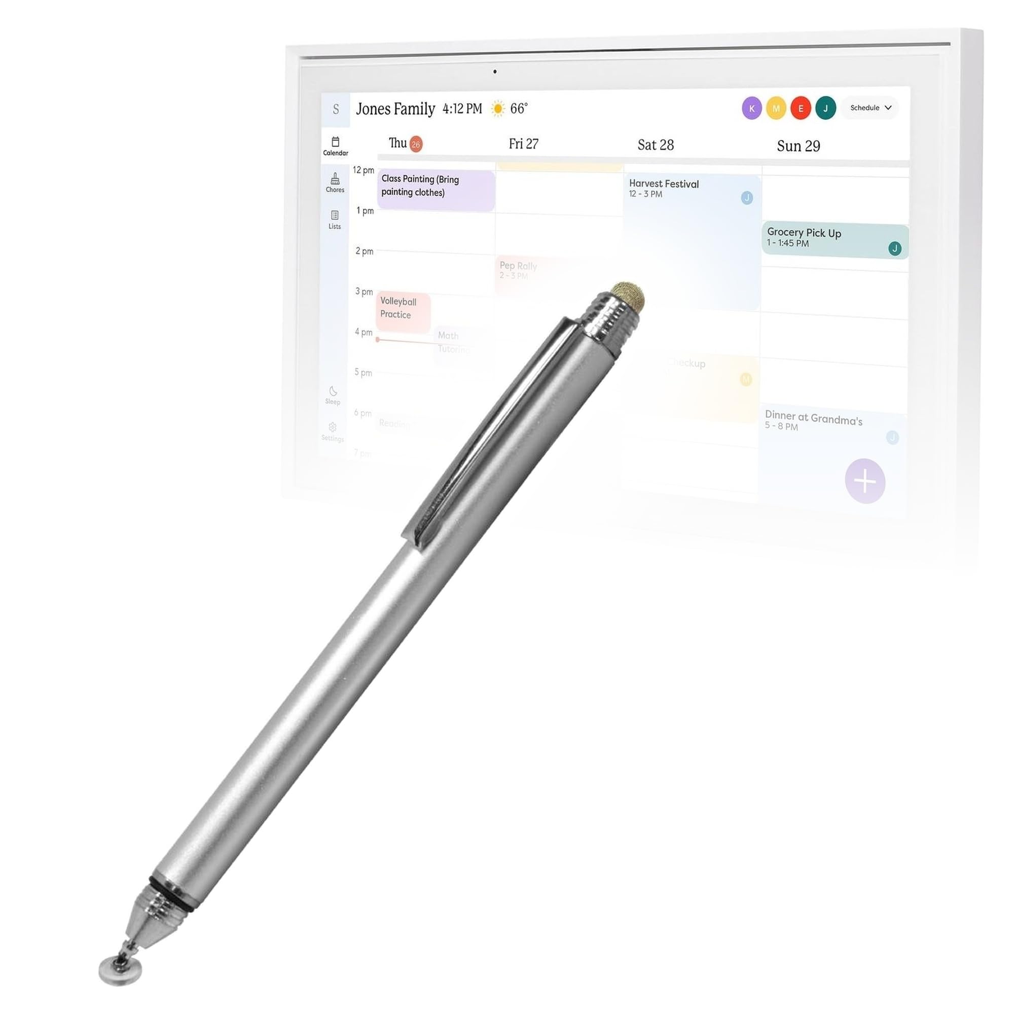 BoxWave Stylus Pen Compatible with Skylight Calendar (15 inch) - DualTip Capacitive Stylus, Fiber Tip Disc Tip Capacitive Stylus Pen - Metallic Silver
