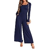 KIRUNDO Long Sleeve Jumpsuit for Women 2026 Spring Outfits Summer One Piece Square Neck Wide Leg Pants Romper With Pockets