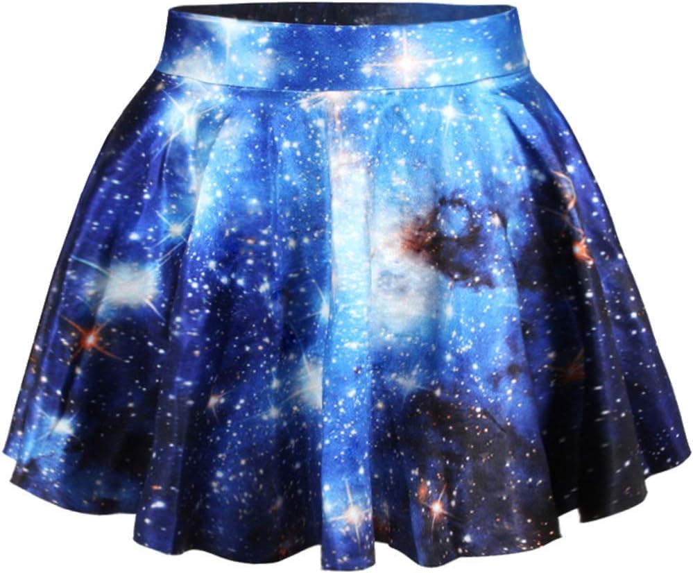 Annaqueen Blue Galaxy Skater Skirt High Waisted Digital Printed Elastic Short Mini Skirts for Womens