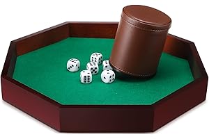 MiniInflat Octagon Tray Dice Cup Set Include Wooden Dice Tray Felt Lined PU Leather Dices Cup with 6 Dot Dices for Table Games(Coffee)