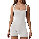 QINSEN Womens Strappy Square Neck Tank Top Tummy Control Bodycon Stretch Shorts Jumpsuit Outfits