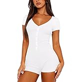 LEEDYA Women's Short Sleeve Rompers Summer V Neck Casual One Piece Shorts Jumpsuit Bodycon Pajama Set Onesie Sleepwear