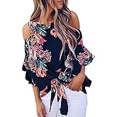 Chuanqi Womens Cold Shoulder Blouse Bell Sleeve Tie Knot Casual Summer Shirt Tops