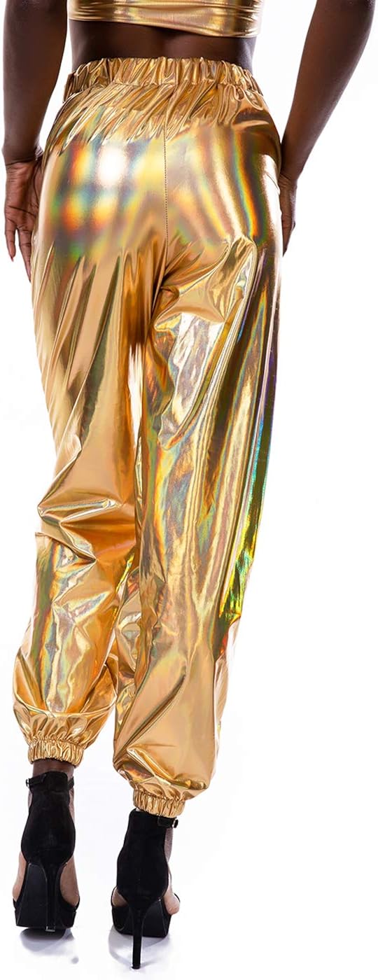 SIAEAMRG Womens Shiny Metallic High Waist Stretchy Jogger Pants, Wet Look Hip Hop Club Wear Holographic Trousers Sweatpant at  Women’s Clothing store