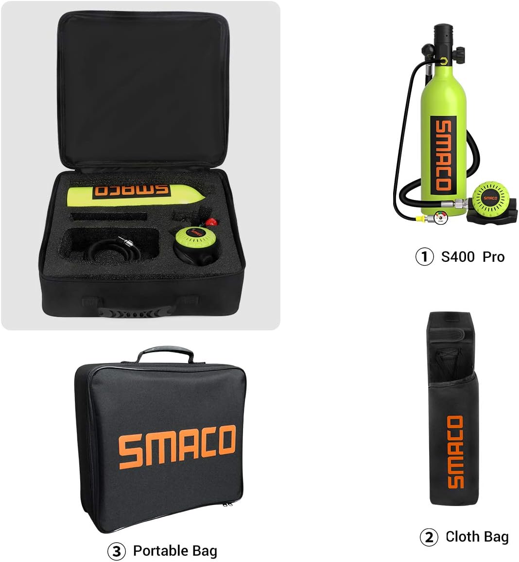 SMACO Scuba Tank Diving Gear for Diver Mini Scuba Tank Oxygen Cylinder with 15-20 Minutes Capability Diving Oxygen Underwater Breathing Device 1L Diving & Snorkeling Equipment S400 Pro : Sports & Outdoors