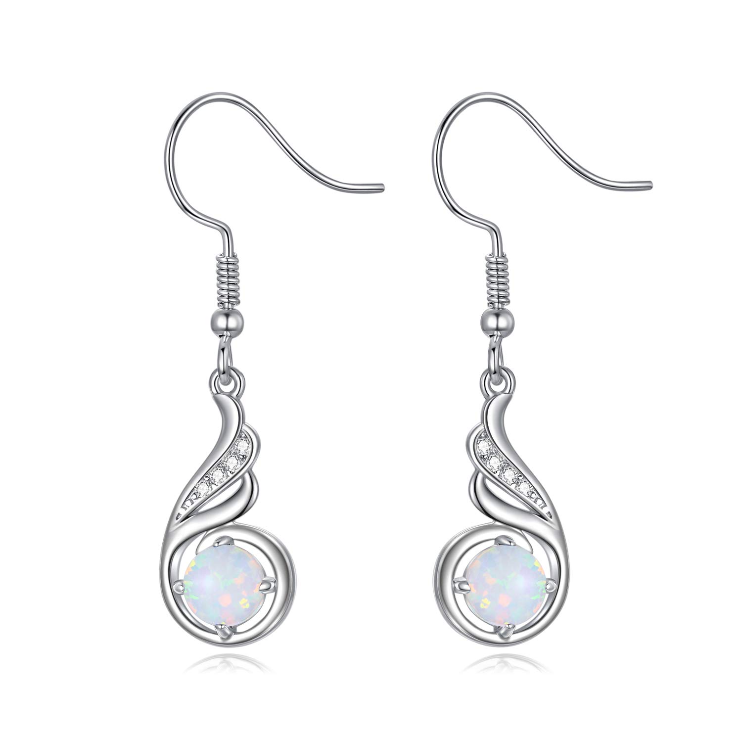 KINGWHYTE Phoenix Drop Earrings 925 Sterling Silver Dangle Dangly Dangling Earring Birthstone Jewellery Birthday Gift for Women Ladies(White Opal)