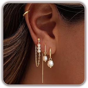 14K Gold Plated Earrings Set for Women, Cubic Zirconia Pearl Huggie Studs Dangle Earrings Pack for Wedding Prom Daily, Minima