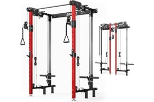 Mikolo Folding Squat Rack, Wall Mounted Power Rack with Cable Crossover Machine & LAT Pull Down, Functional Trainer with 5 Adjustable Function Modes, for Home Gym and Space Saving