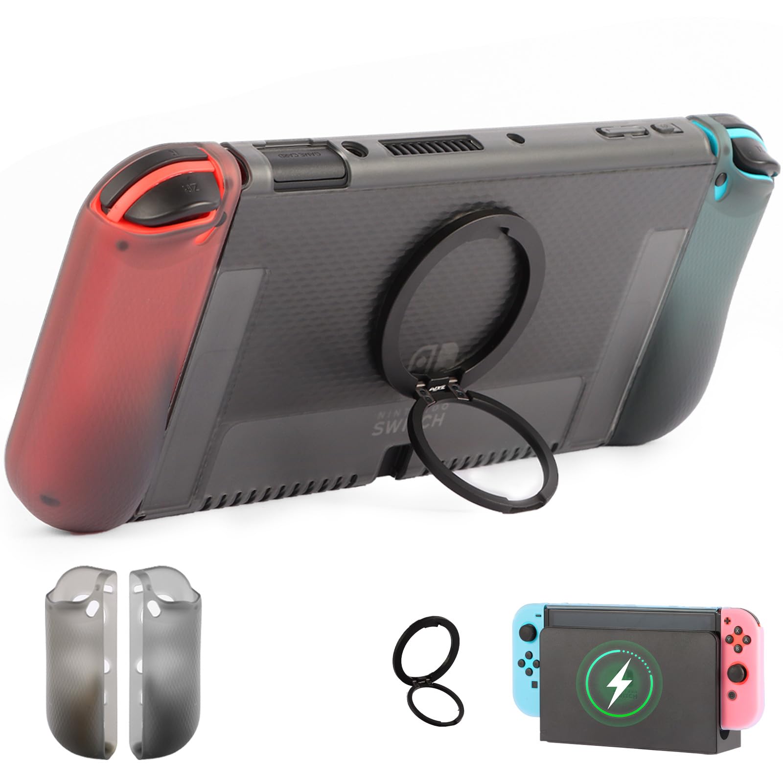 Protective Case for Nintendo Switch OLED 2021 & Joy Con Controller, Dockable Cover Protector with Stand, Durable Back Case Accessories for Switch OLED - Transparent Clear Black