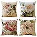 WOMHOPE Set of 4 Colorful Geometric Throw Pillow Covers Decorative Burlap Toss Pillowcases Square Cushion Cases 18 x 18 Inch for Living Room,Couch,Bed (Pink & Blue Flower (Set of 4))