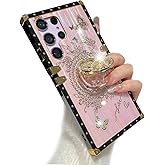 AuroiCCY for Samsung Galaxy S24 Ultra Bling Case, Cute Sparkly Rhinestone Butterfly Foldable Kickstand Marble Shell Pattern Soft Bumper Women Girly Shockproof Protective Cover for S24 Ultra (Pink)