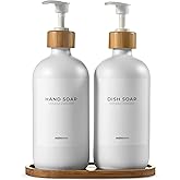 MaisoNovo Glass Soap Dispenser Bathroom Set of 2-16.9 oz Bathroom Soap Dispenser Set - White Glass Bottles x 2 with White Bamboo Pumps & Tray
