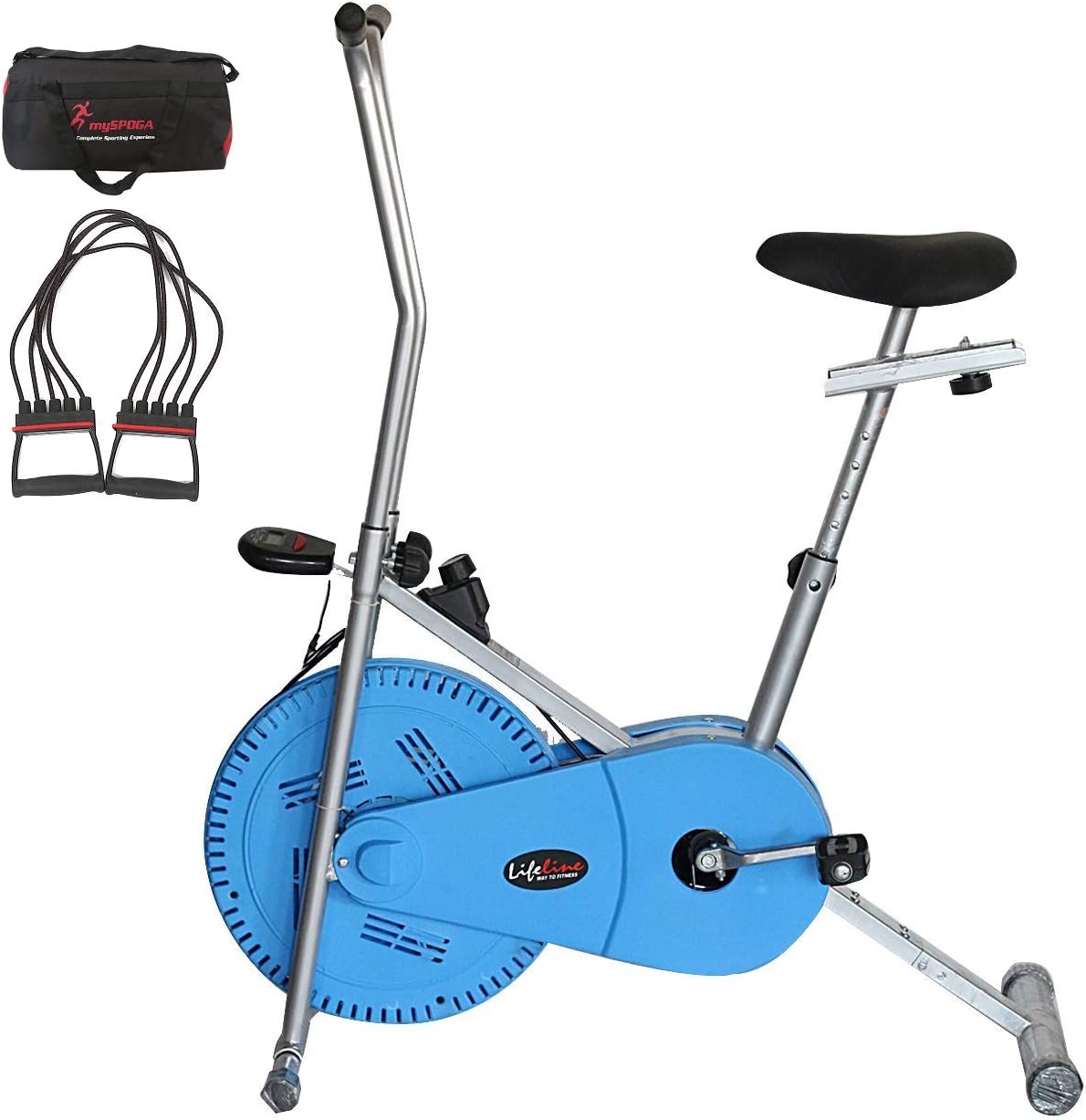 Lifeline Exercise Bike 102 (Blue) for Weight Loss at Home Bundles with Chest Expander and Gym Bag