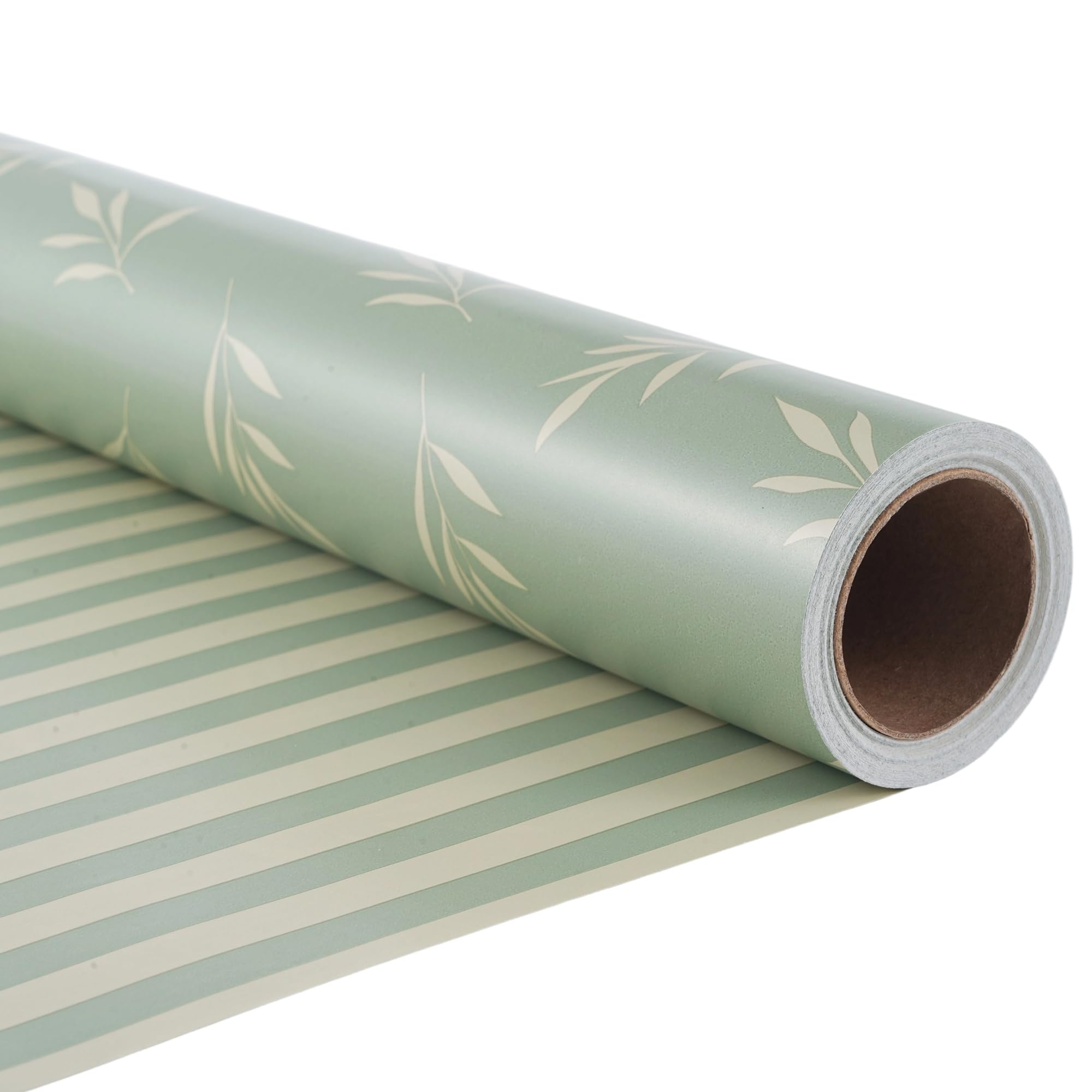 Photo 1 of ********READ CLERK COMMENTS********
ZINTBIAL Reversible Gift Wrapping Paper Roll - Light Green Background with Beige Leaves - Green Stripe Design - for Birthdays,Weddings,Baby Showers,Mother's Day,Christmas - 17.5" x 33' (48 sq. ft.)