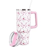 FYSUIMU Valentine's Day Pink Bow Floral Tumbler with Straw and Lid 40oz Watercolor Bow Flower Stainless Steel Cup with Handle Pink Travel Coffee Tumbler Cup for Home Office Travel Women Girls Birthday