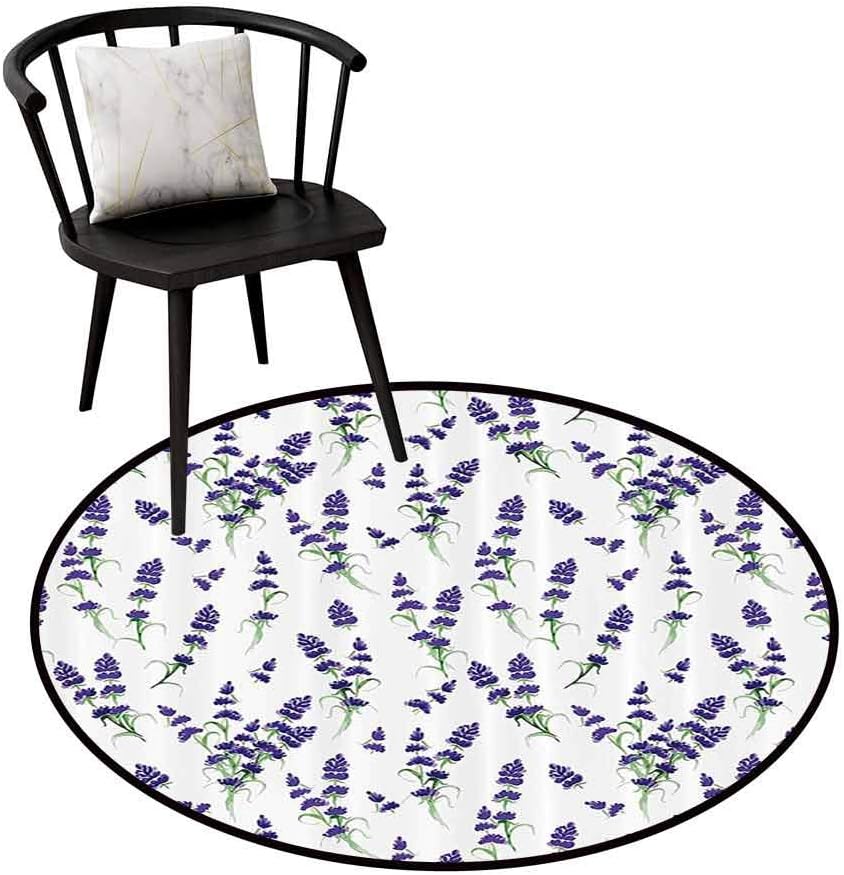 Anti-dust Round Rug Flower House Decor Easy to Clean Watercolor Lavender Flowering Fragrant Pale Plant Essential Oil Extract Temperate Violet Green D47(120cm)