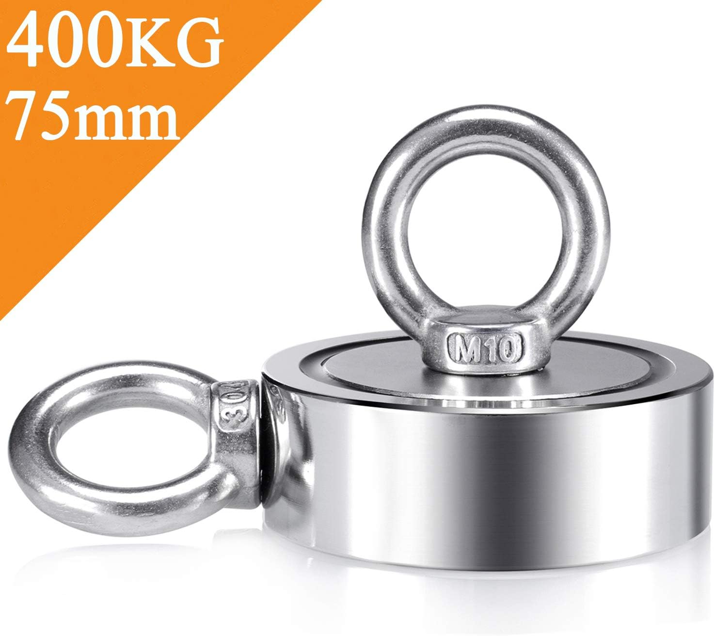 Uolor Combined 400Kg Pulling Force Double Side Round Neodymium Magnet, Super Strong Fishing Magnet with 2 Eyebolts for Magnet Fishing and Salvage in River, Diameter 75mm
