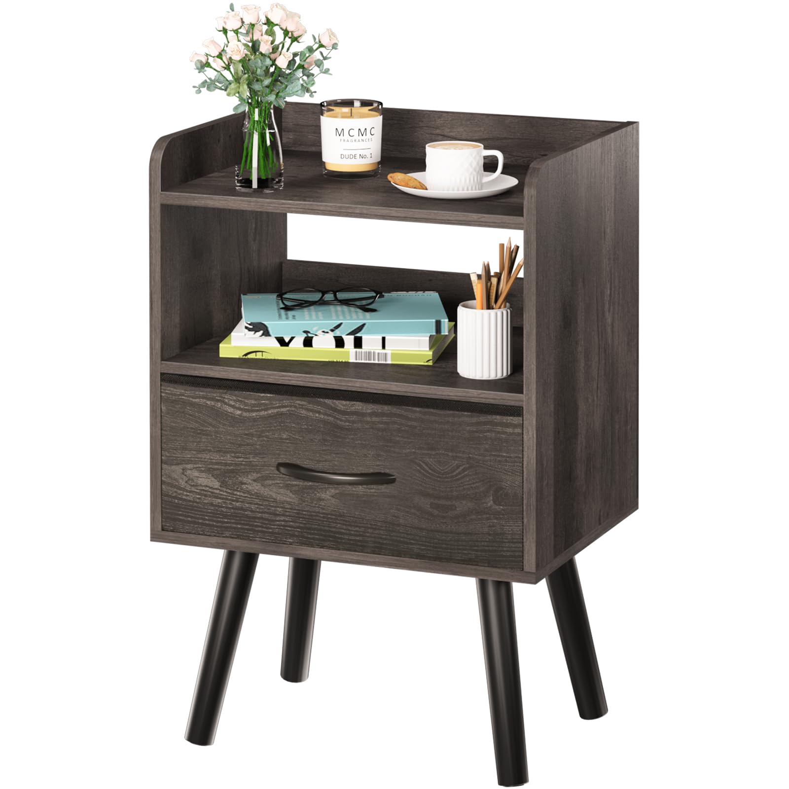 Photo 1 of Yoobure Night Stand with Fabric Drawer, Modern Nightstand, Bedside Tables, Mid Century Nightstands with Open Storage Shelf, Wood Bedside Table, Small Night Stands for Bedrooms, 2-Tier Night Table