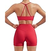 SUUKSESS Women 2 Piece Workout Sets Padded Halter Sports Bras High Waisted Biker Shorts with Pockets