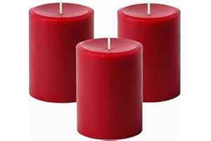 Mister Candle Dripless Unscented Pillar Candles, Set of 3 Hand Poured Solid Color Non-Scented Candles for Home Decor, Premium Wax, 60 Hr Burn Time - 3x4 Inch, Red