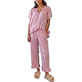 Gihuo Gingham Pajama Set for Women 2 Piece Plaid Cotton Button Down Top and Pants Ruffle Babydoll Pjs Lounge Sets