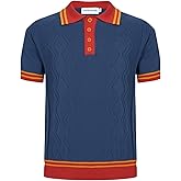 OXKNIT Men’s Knitted Vintage Polo Shirt, 1960s Mod Style Retro Polo Textures Shirt with Double Line Neck