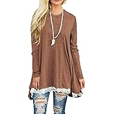 Andaa Women's Crew Neck Long Sleeve Lace Splicing Swing Shirt Dresses Long Tunic Blouses Shirts for Leggings