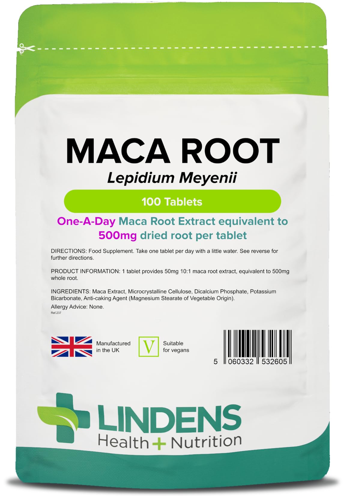 Lindens - Maca Root 500mg, 100 Tablets - 1 a Day - UK Made - Improve Energy and Performance - Popular Botanical Food Supplement - Letterbox Friendly, Vegan