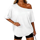 LEEDYA Off The Shoulder Tops for Women Summer Oversized Sexy Short Sleeve T Shirts Casual Loose Batwing Tunic Top