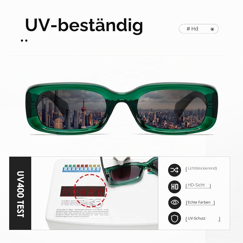 Sonnenbrille für Frauen Retro Fahrbrille Vintage Schmaler Quadratischer Rahmen UV400 Schutz (Transparenter grüner Rahmen/graue Linse mit Farbverlauf) — Foto 6 von 6