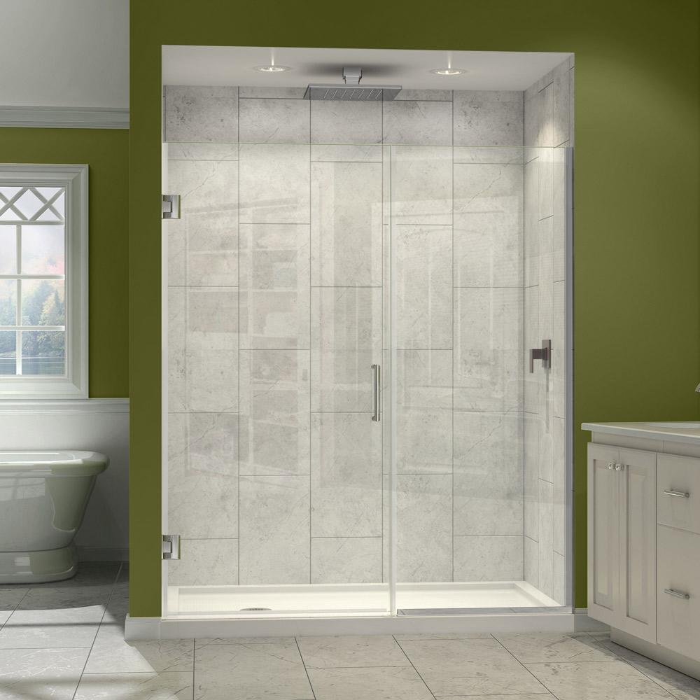 Photo 1 of ** Partial Set ** Box number 1 and 2 out of 4 ** DreamLine Unidoor Plus 57 1/2 - 58 in. W x 72 in. H Frameless Hinged Shower Door in Brushed Nickel, SHDR-245757210-04