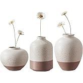 Ceramic Vase Set of 3, Vases Home Decor Rustic Farmhouse Decor, Small Pottery Vases for Bouquet Pampas Grass Dried Fresh Flowers, Living Room, Kitchen, Bedroom, Bathroom, Mantel Decor - Beige&Brown