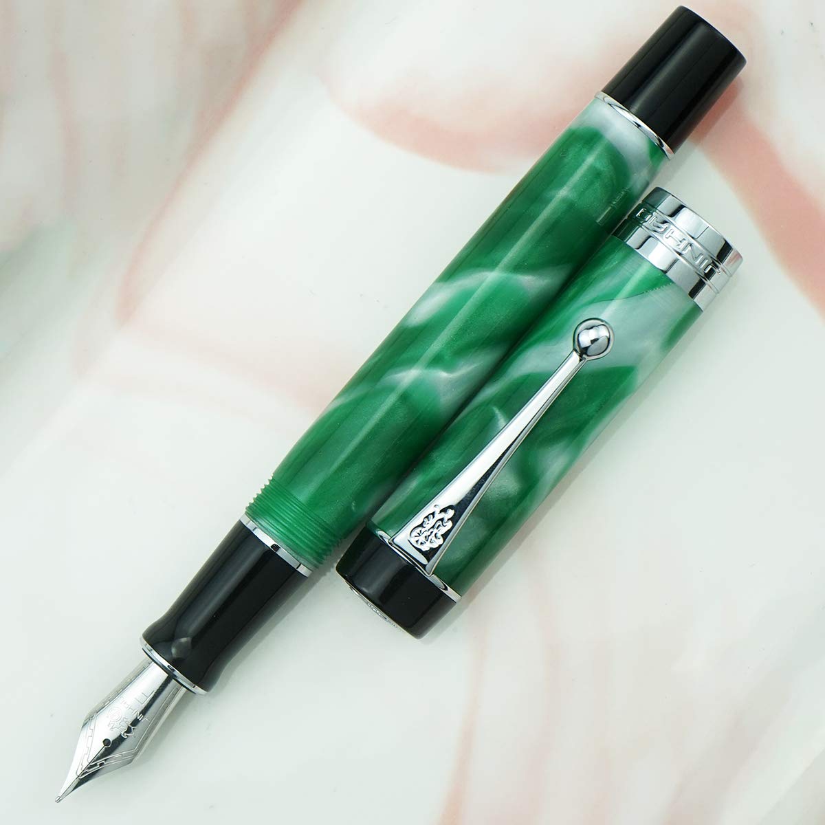 Jinhao 100 Classic Fountain Pen, Silver Trim Fine Nib, Green White Marble Celluloid with Converter and Metal Pen Case Set