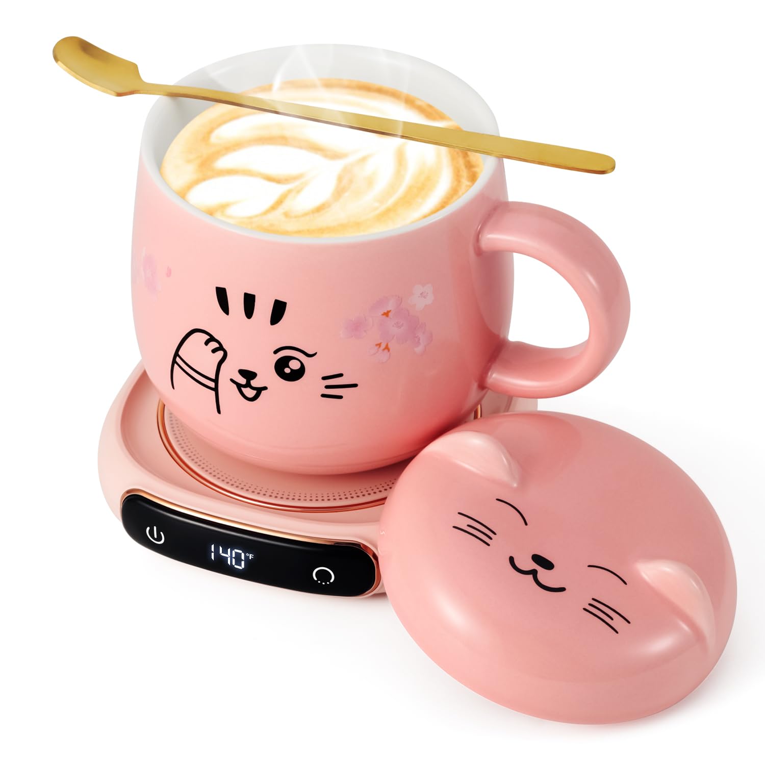 Photo 1 of ***SEE CLERK COMMENTS*** Bsigo Electric LED Display Smart Coffee Mug Warmer & Cute Cat Mug Set, Beverage Cup Warmer for Desk, Warmer Plate for Milk Tea with 3-Temperature Settings (Up to 140?/60?), 8 Hour Auto Shut Off, Pink